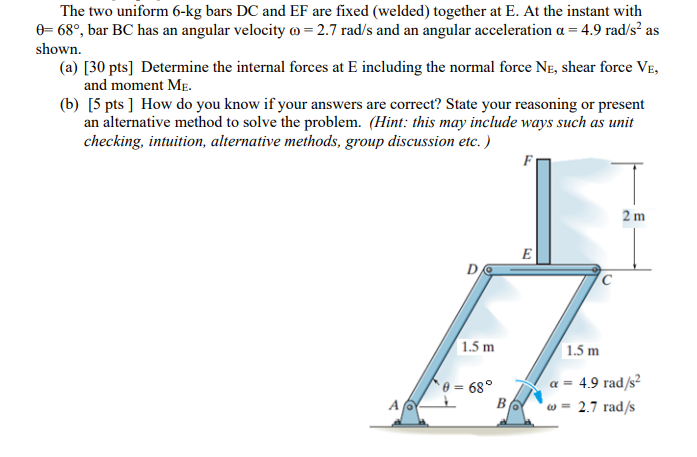 The Two Uniform 6 Kg Bars Dc And Ef Are Fixed Welded Together At E At The Instant With 68 Bar Bc Has An Angular V 1