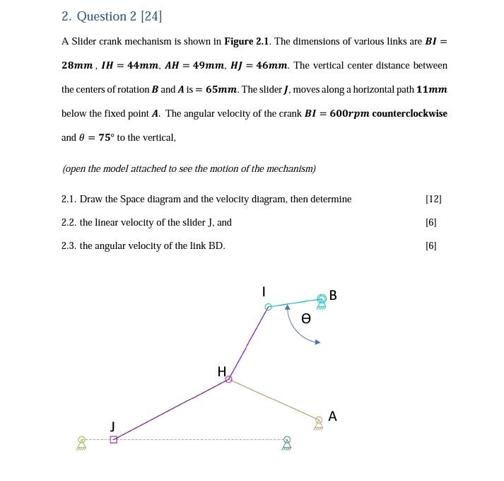 2 Question 2 24 A Slider Crank Mechanism Is Shown In Figure 2 1 The Dimensions Of Various Links Are Bi 28mm Ih 1