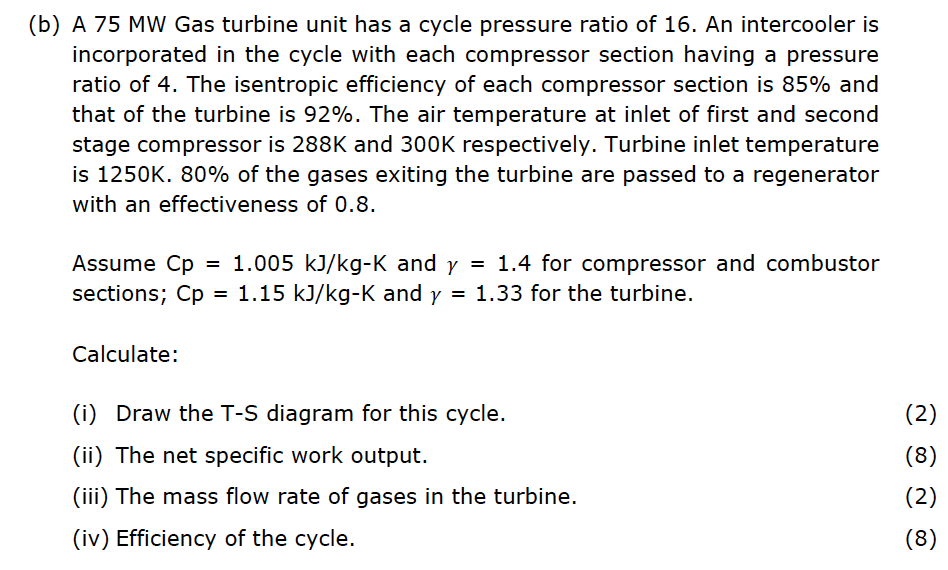 B A 75 Mw Gas Turbine Unit Has A Cycle Pressure Ratio Of 16 An Intercooler Is Incorporated In The Cycle With Each Com 1