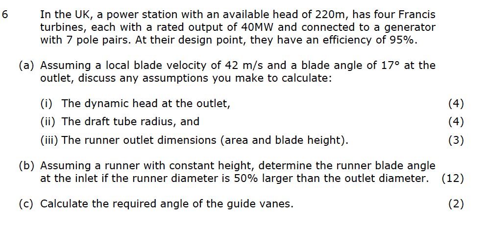6 In The Uk A Power Station With An Available Head Of 220m Has Four Francis Turbines Each With A Rated Output Of 40mw 1