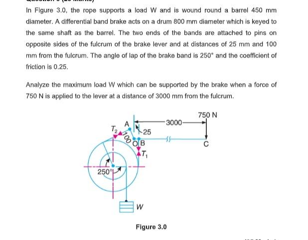 In Figure 3 0 The Rope Supports A Load W And Is Wound Round A Barrel 450 Mm Diameter A Differential Band Brake Acts On 1