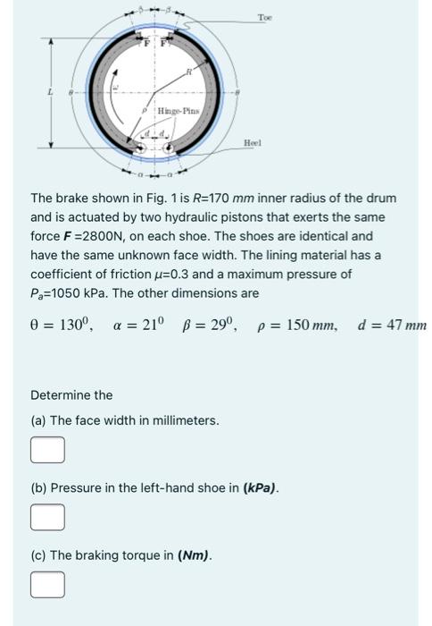 To Hinge Pins Heel The Brake Shown In Fig 1 Is R 170 Mm Inner Radius Of The Drum And Is Actuated By Two Hydraulic Pisto 1