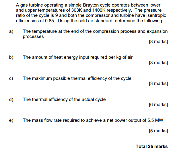 A Gas Turbine Operating A Simple Brayton Cycle Operates Between Lower And Upper Temperatures Of 303k And 1400k Respectiv 1