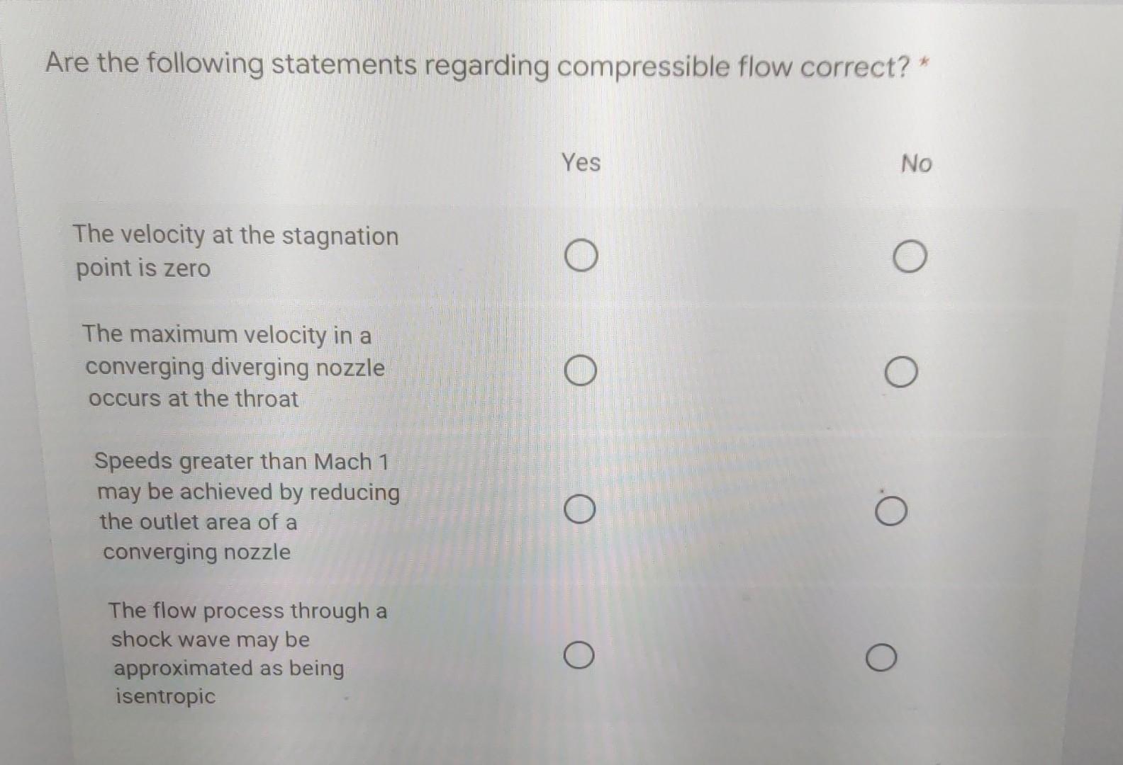 Are The Following Statements Regarding Compressible Flow Correct Yes No The Velocity At The Stagnation Point Is Zero 1