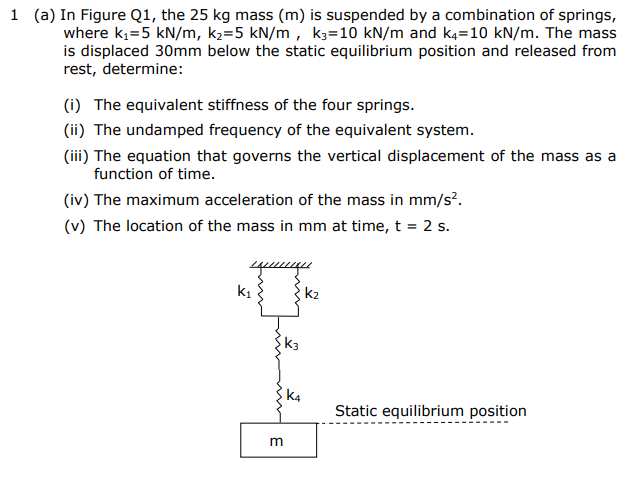 1 A In Figure Q1 The 25 Kg Mass M Is Suspended By A Combination Of Springs Where Ku 5 Kn M Kz 5 Kn M K3 10 Kn M 1