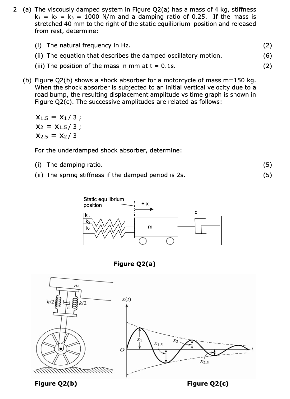 2 A The Viscously Damped System In Figure Q2 A Has A Mass Of 4 Kg Stiffness Ki K2 K3 1000 N M And A Damping Ra 1