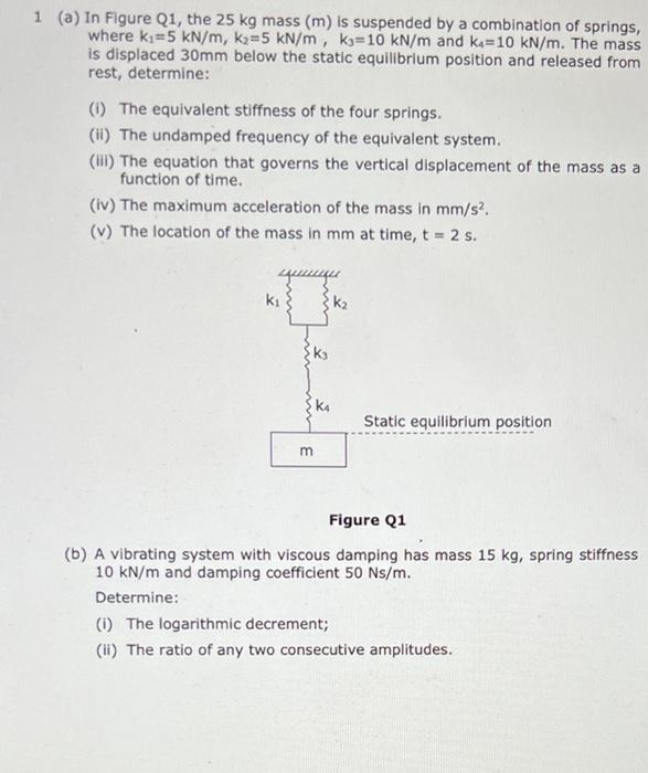 1 A In Figure Q1 The 25 Kg Mass M Is Suspended By A Combination Of Springs Where Ki 5 Kn M K2 5 Kn M K3 10 Kn M 1