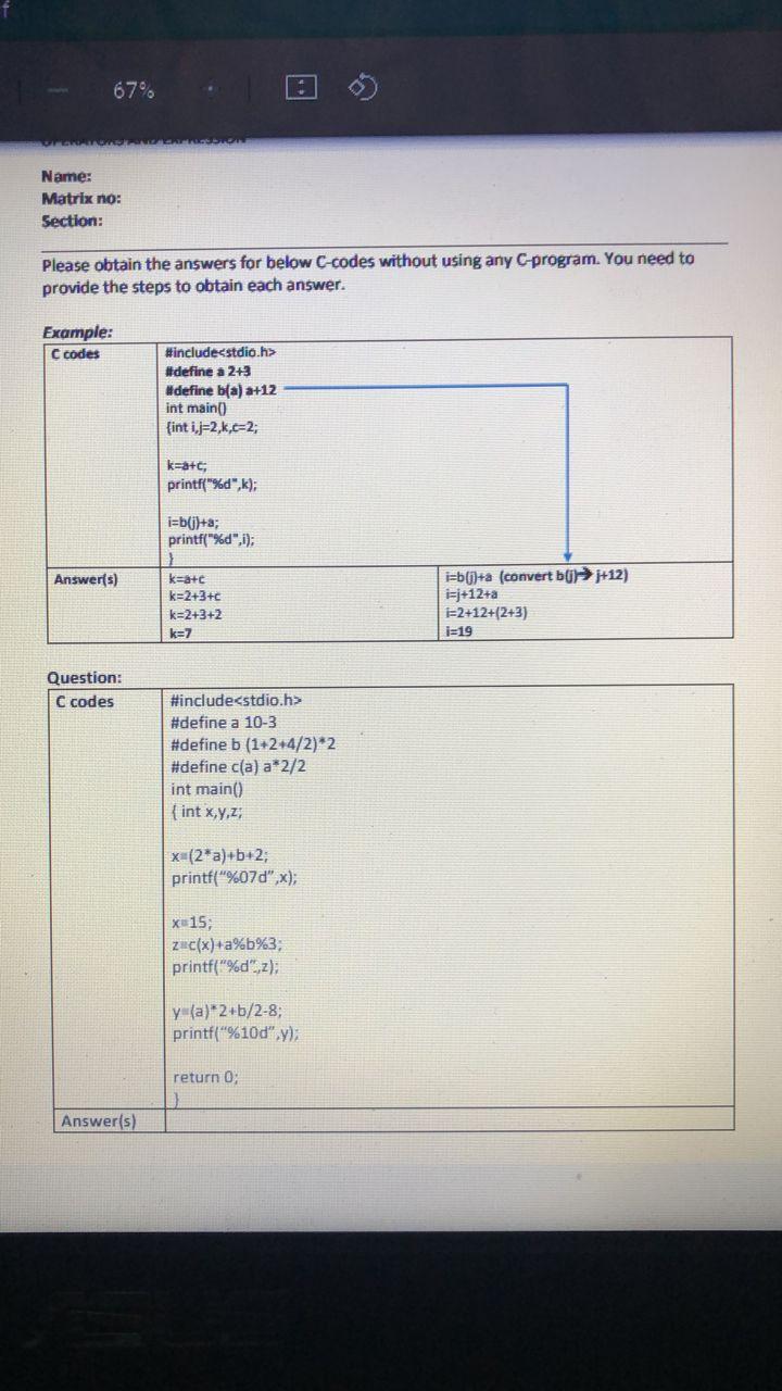 67 Name Matrix No Section Please Obtain The Answers For Below C Codes Without Using Any C Program You Need To Provi 1