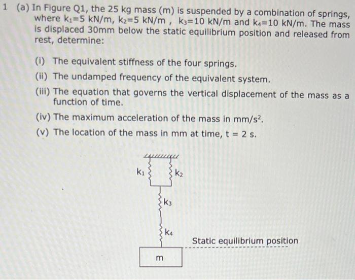 1 A In Figure Q1 The 25 Kg Mass M Is Suspended By A Combination Of Springs Where Kz 5 Kn M K2 5 Kn M Kz 10 Kn M 1
