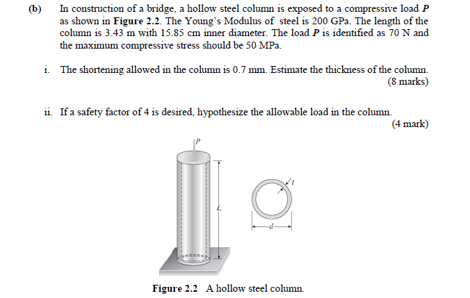 B In Construction Of A Bridge A Hollow Steel Column Is Exposed To A Compressive Load P As Shown In Figure 2 2 The Yo 1
