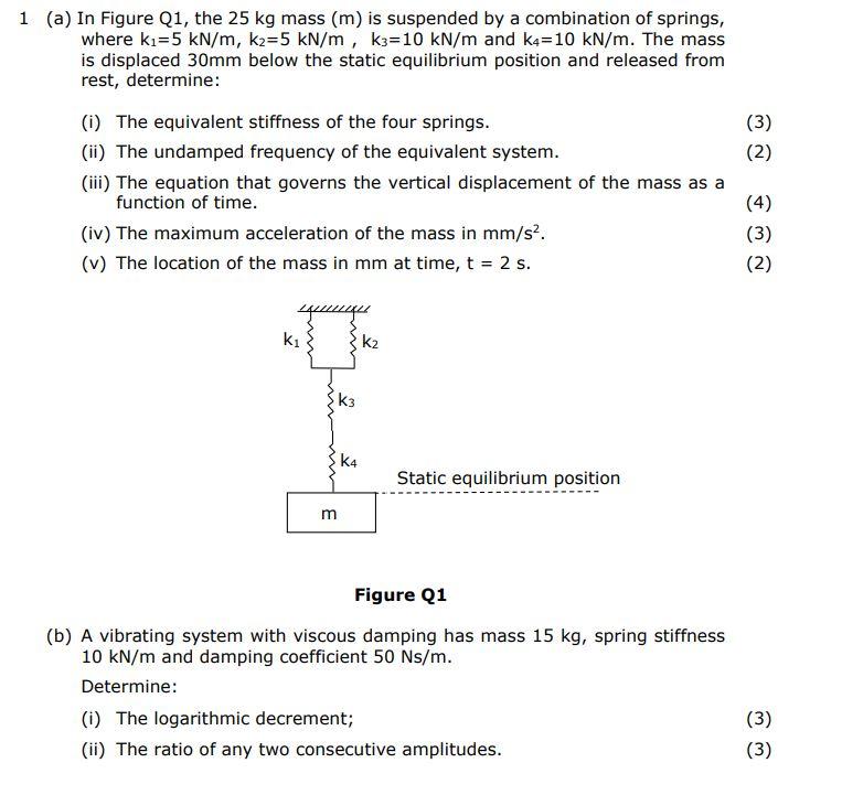 1 A In Figure Q1 The 25 Kg Mass M Is Suspended By A Combination Of Springs Where Ki 5 Kn M K2 5 Kn M K3 10 Kn M 1