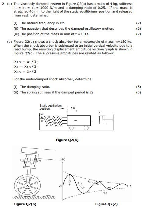 2 A The Viscously Damped System In Figure Q2 A Has A Mass Of 4 Kg Stiffness Ki K2 K3 1000 N M And A Damping Ra 1