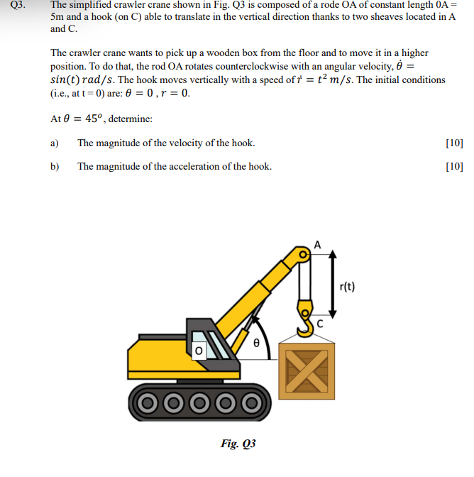 Q3 The Simplified Crawler Crane Shown In Fig Q3 Is Composed Of A Rode Oa Of Constant Length 0a 5m And A Hook On C 1
