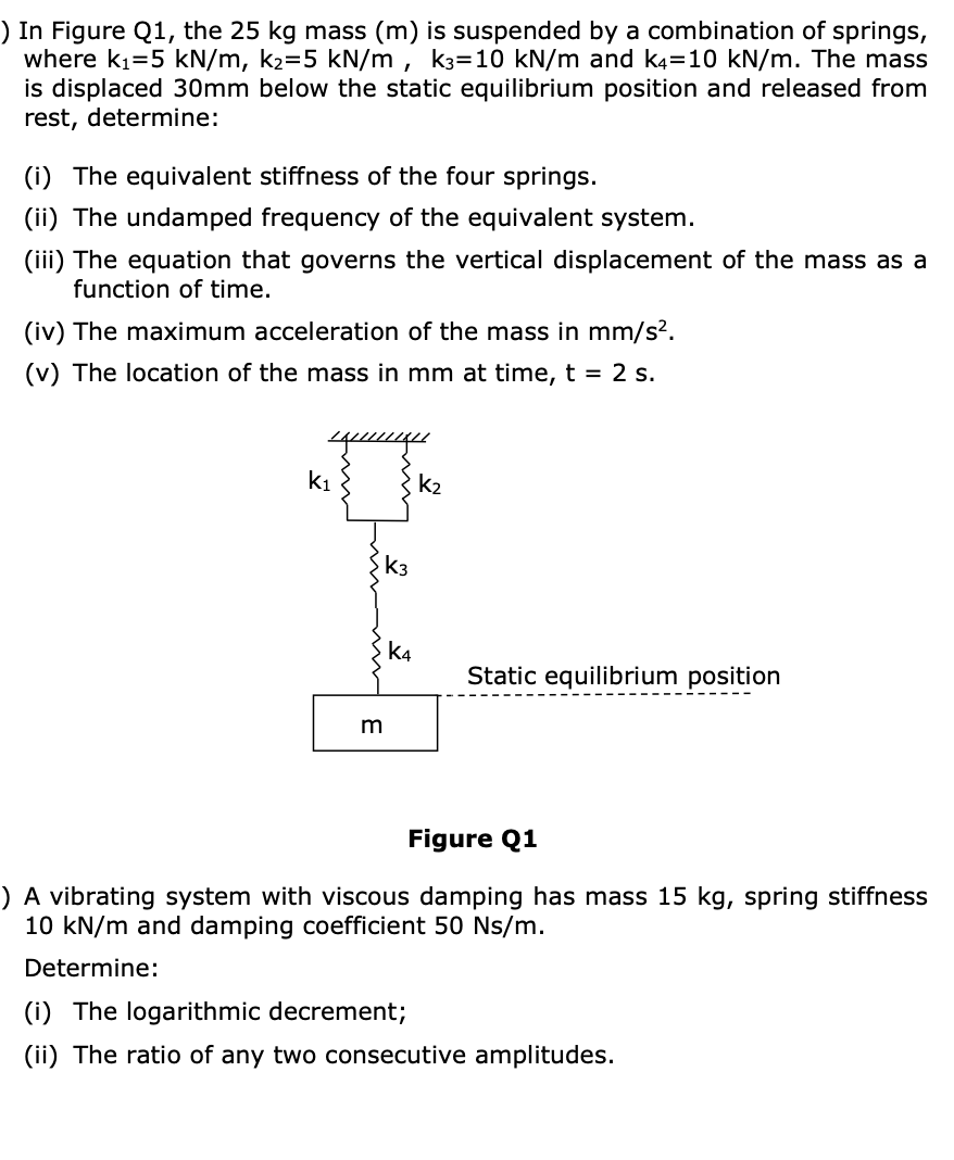 In Figure Q1 The 25 Kg Mass M Is Suspended By A Combination Of Springs Where Ki 5 Kn M K2 5 Kn M K3 10 Kn M And 1