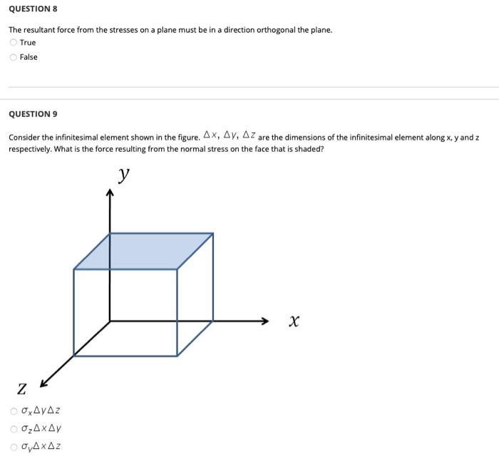 Question 8 The Resultant Force From The Stresses On A Plane Must Be In A Direction Orthogonal The Plane True False Ques 1