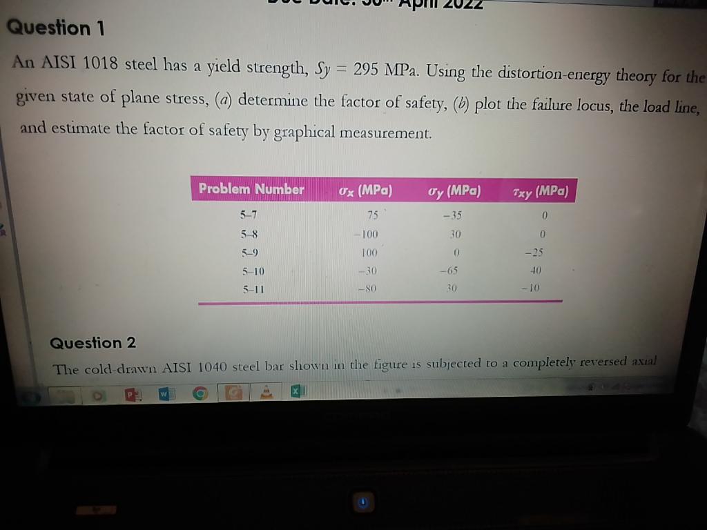 Question 1 An Aisi 1018 Steel Has A Yield Strength Sy 295 Mpa Using The Distortion Energy Theory For The Given State 1