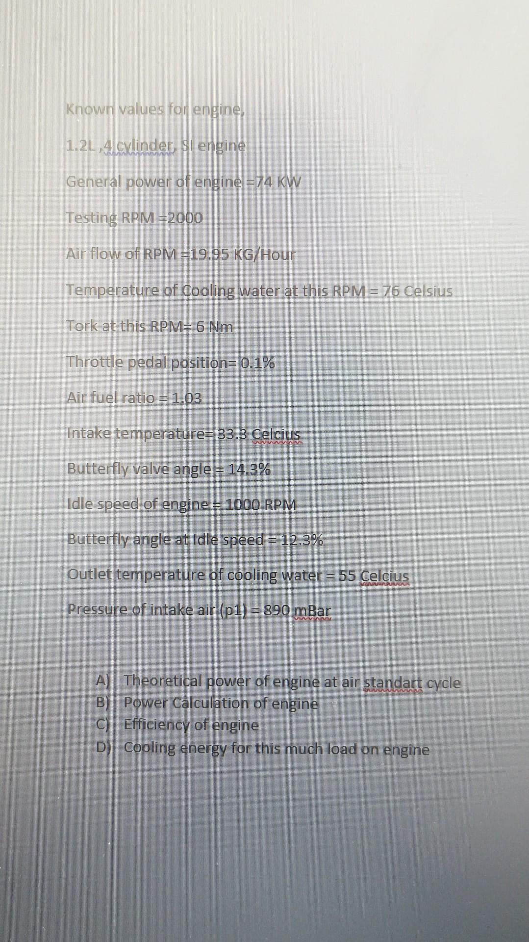 Known Values For Engine 1 2l 4 Cylinder Sl Engine General Power Of Engine 74 Kw Testing Rpm 2000 Air Flow Of Rpm 19 1