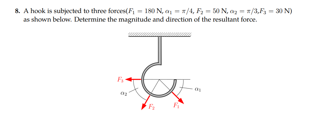 8 A Hook Is Subjected To Three Forces F1 180 N 01 1 4 F2 50 N A2 T 3 F3 30 N As Shown Below Dete 1