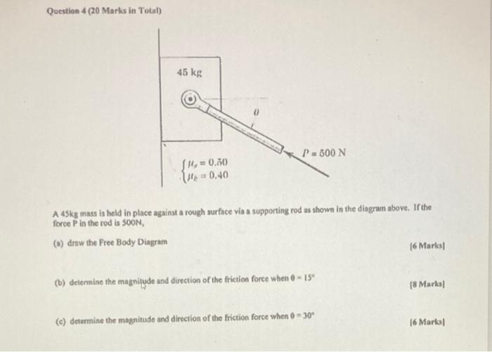 Question 4 20 Marks In Total 45 Kg P300 N Sh 0 50 Iha 0 40 A 45kg Mass Is Held In Place Against A Rough Surface Vin 1