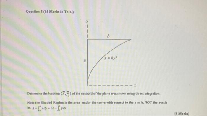 Question 5 15 Marks In Total B X Ky Determine The Location Fr Of The Centroid Of The Plane Area Shown Using Direct 1