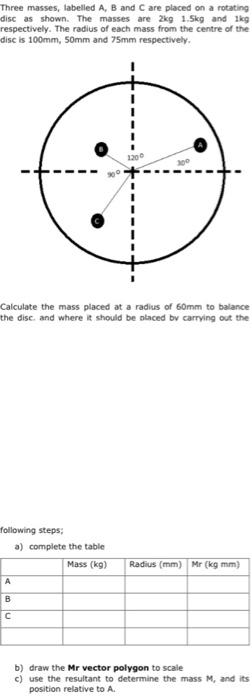 Three Masses Labelled A B And C Are Placed On A Rotating Disc As Shown The Masses Are 2kg 1 5kg And Lig Respectively 1