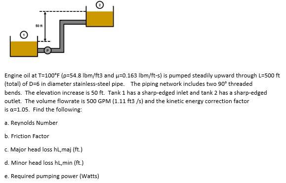 50r Engine Oil At T 100 F P 54 8 Ibm Ft3 And U 0 163 Lbm Ft S Is Pumped Steadily Upward Through L 500 Ft Total Of D 1