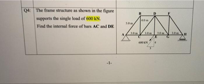 B Q4 The Frame Structure As Shown In The Figure Supports The Single Load Of 600 Kn Find The Internal Force Of Bars Ac 1