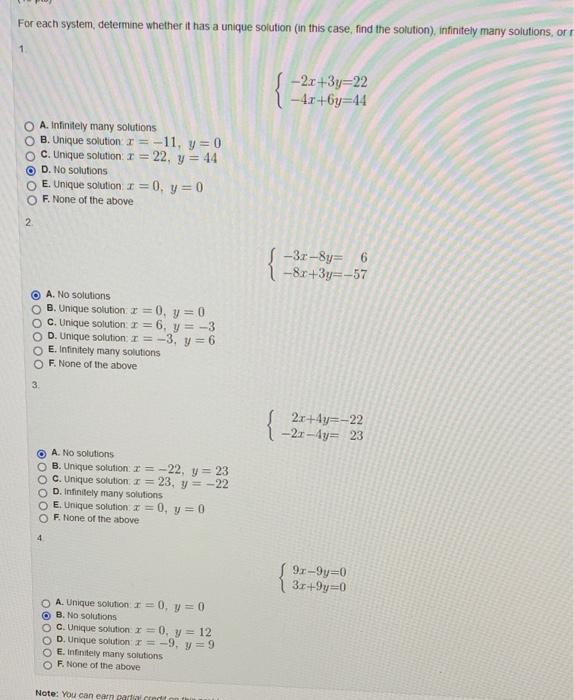 For Each System Determine Whether It Has A Unique Solution In This Case Find The Solution Infinitely Many Solutions 1