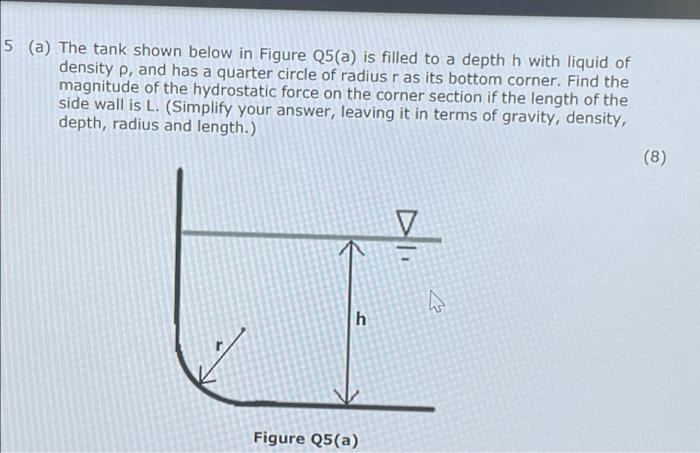 5 A The Tank Shown Below In Figure Q5 A Is Filled To A Depth H With Liquid Of Density P And Has A Quarter Circle Of 1