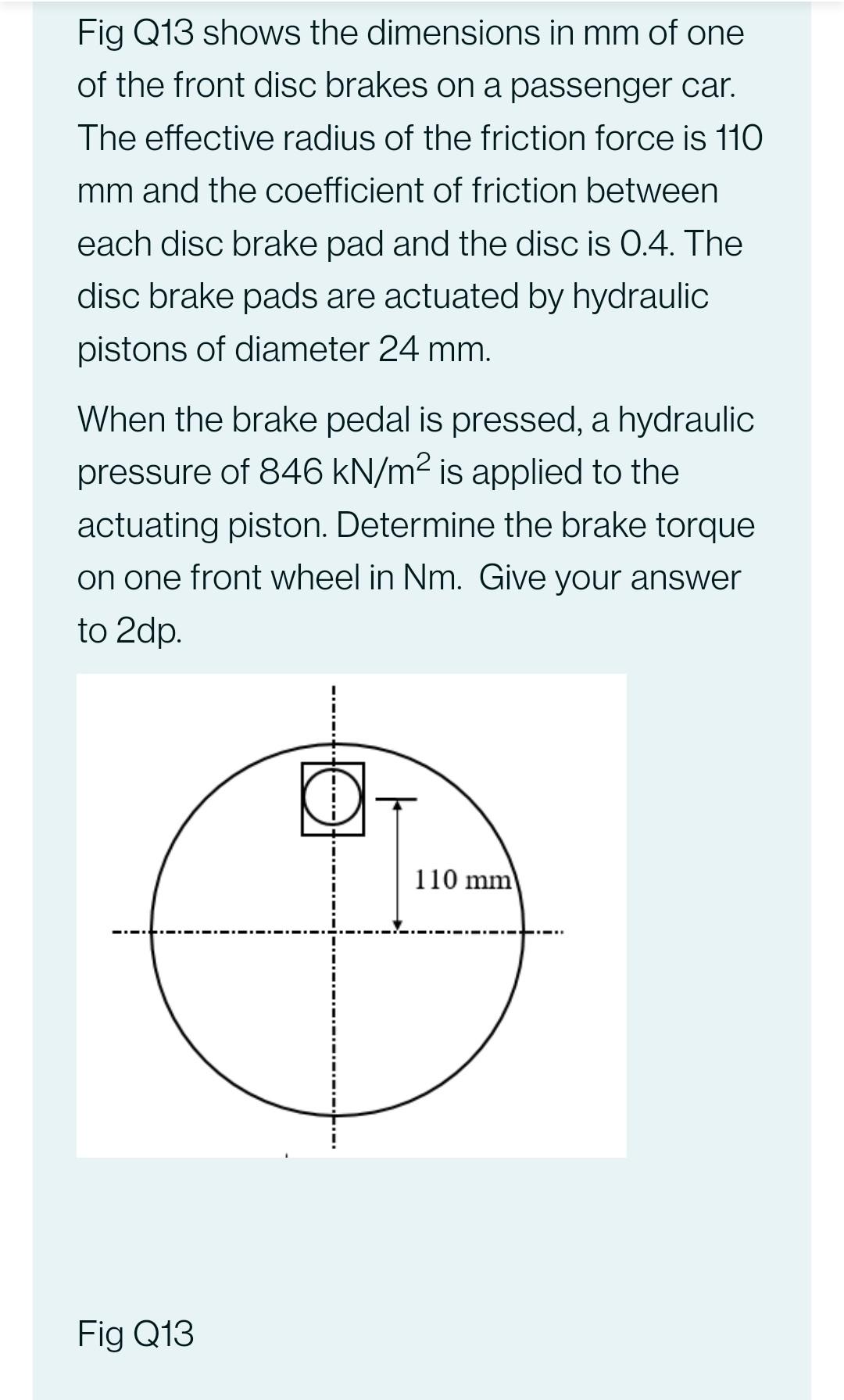 Fig Q13 Shows The Dimensions In Mm Of One Of The Front Disc Brakes On A Passenger Car The Effective Radius Of The Frict 1