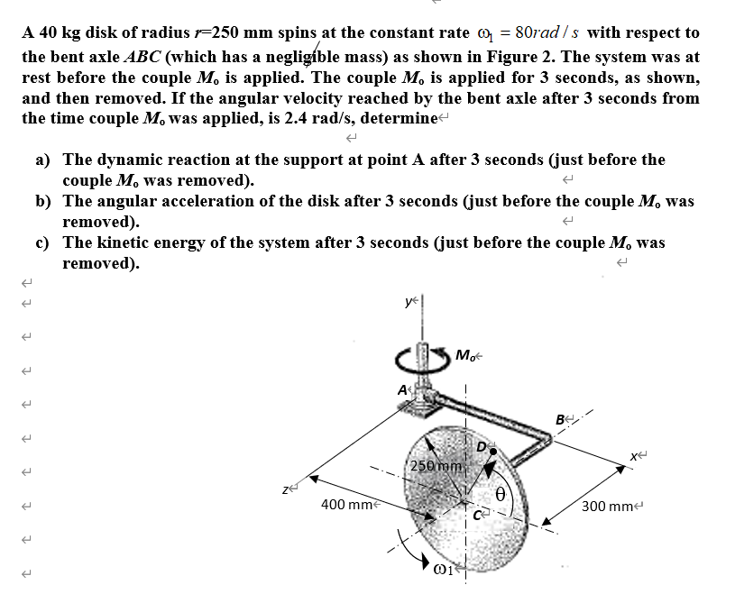 A 40 Kg Disk Of Radius R 250 Mm Spins At The Constant Rate 0 80rad S With Respect To The Bent Axle Abc Which Has A Ne 1