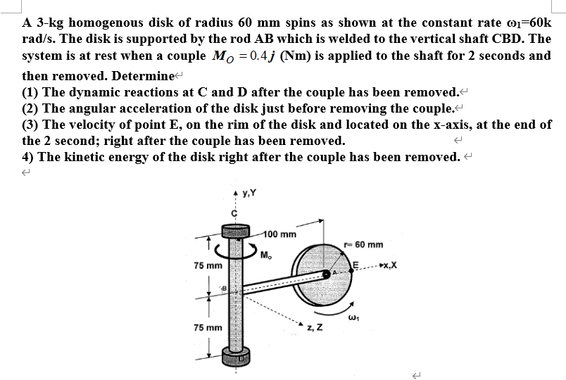A 3 Kg Homogenous Disk Of Radius 60 Mm Spins As Shown At The Constant Rate 01 60k Rad S The Disk Is Supported By The Ro 1