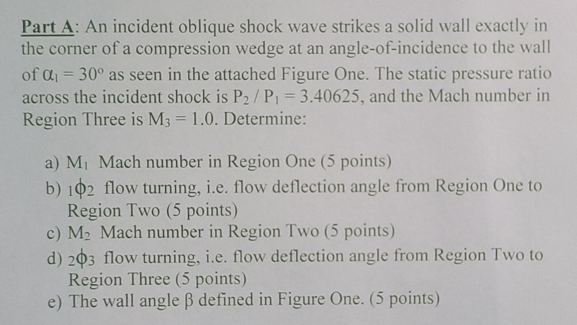 Part A An Incident Oblique Shock Wave Strikes A Solid Wall Exactly In The Corner Of A Compression Wedge At An Angle Of 1
