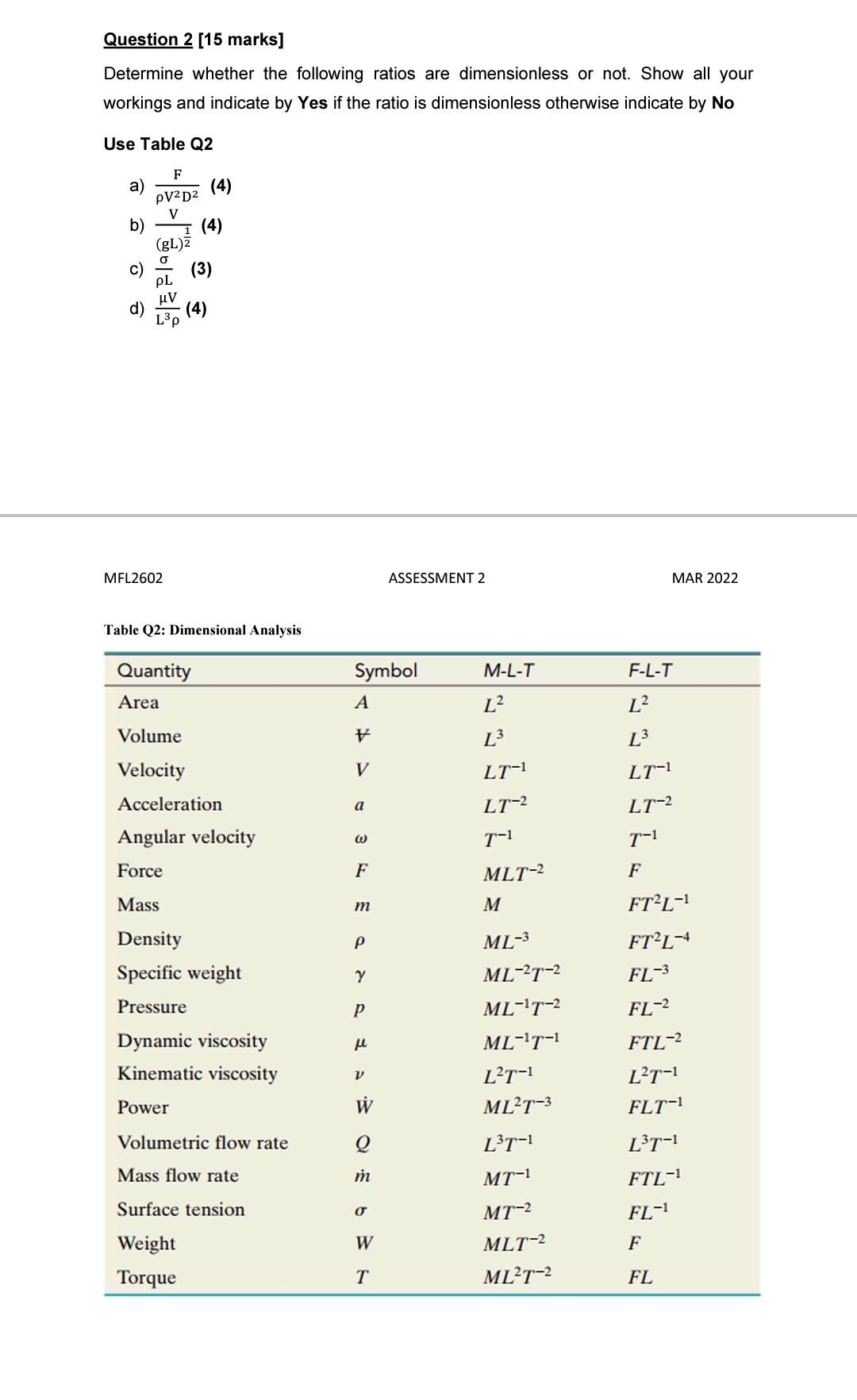 Question 2 15 Marks Determine Whether The Following Ratios Are Dimensionless Or Not Show All Your Workings And Indica 1