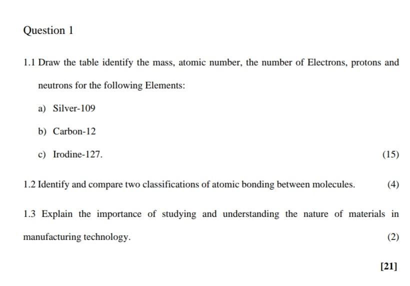Question 1 1 1 Draw The Table Identify The Mass Atomic Number The Number Of Electrons Protons And Neutrons For The Fo 1
