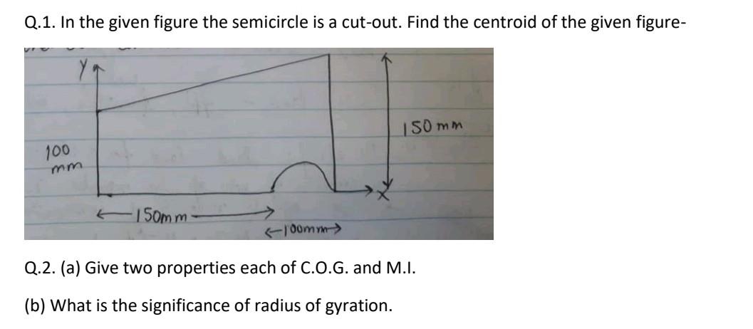 Q 1 In The Given Figure The Semicircle Is A Cut Out Find The Centroid Of The Given Figure Somm 100 Mm 150mm Oomy Q 1