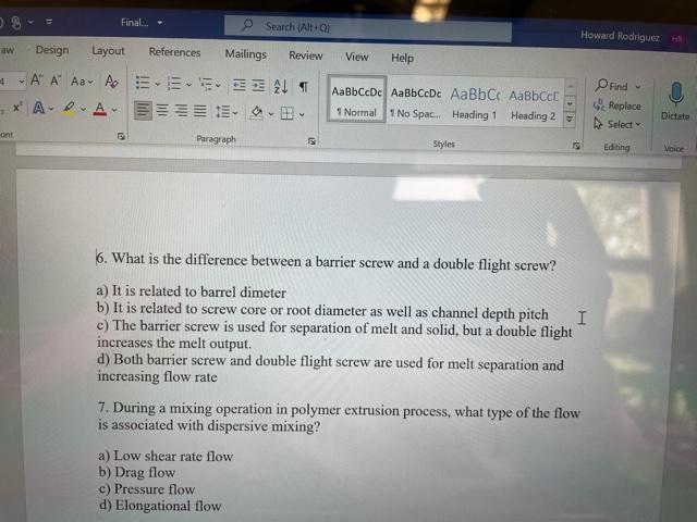 Final O Search Alt 0 Howard Rodrigues Aw Design Layout References Mailings Review View Help A A Aa To 21 Aabbccdc A 1