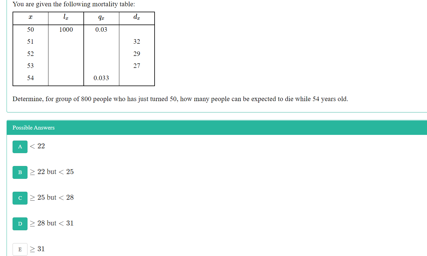 You Are Given The Following Mortality Table Be 9 0 De 50 1000 0 03 51 32 52 29 53 27 54 0 033 Determine For Group Of 8 1