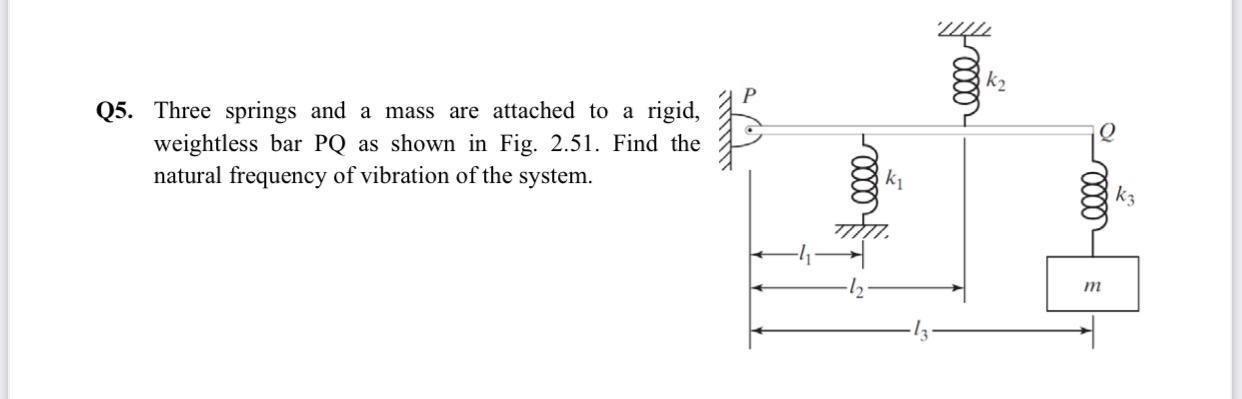 Trao Q5 Three Springs And A Mass Are Attached To A Rigid Weightless Bar Pq As Shown In Fig 2 51 Find The Natural Fre 1
