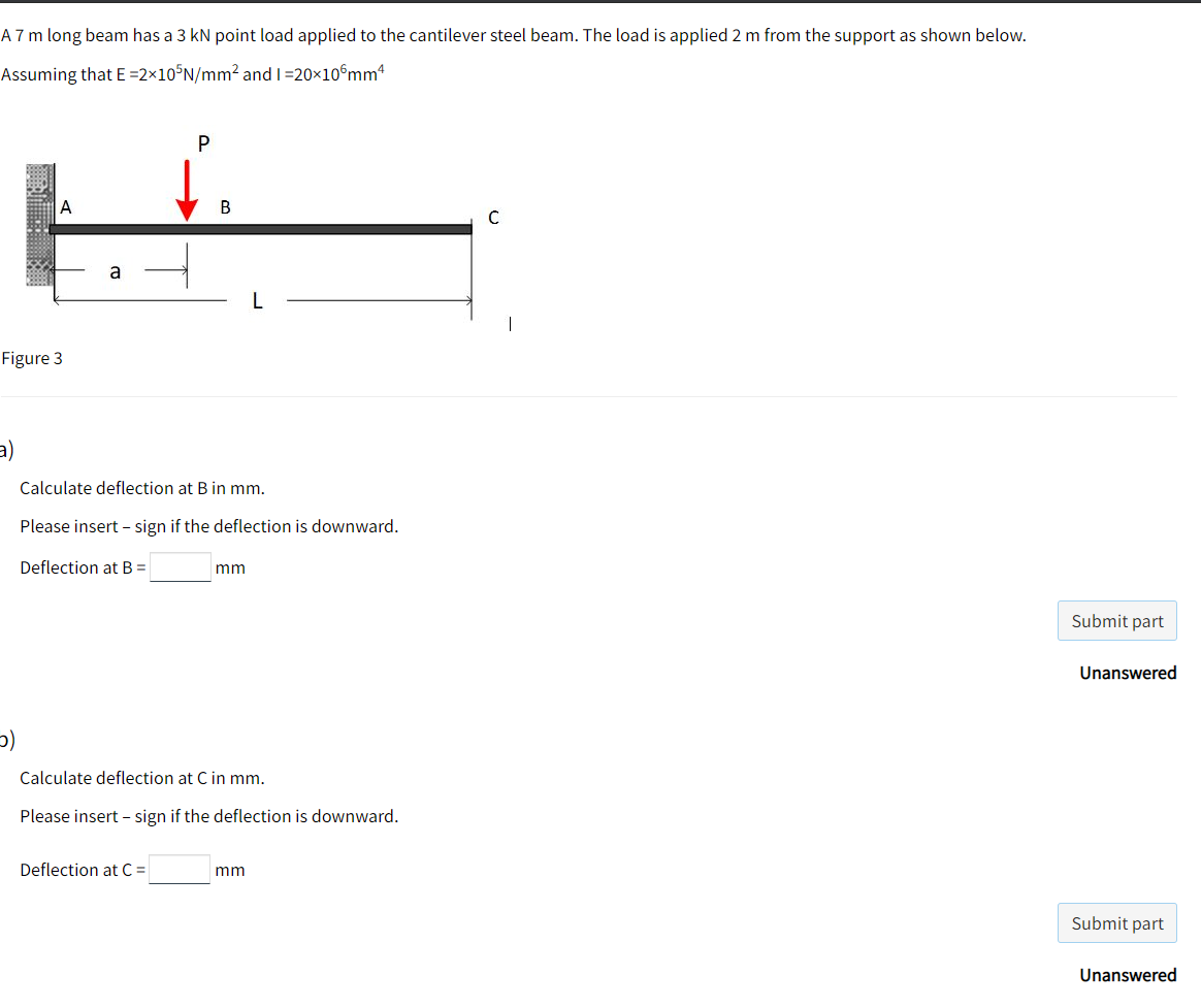 A 7 M Long Beam Has A 3 Kn Point Load Applied To The Cantilever Steel Beam The Load Is Applied 2 M From The Support As 1