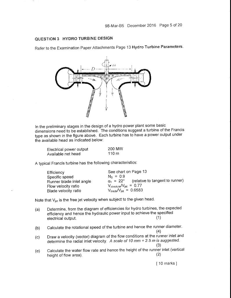 98 Mar B5 December 2016 Page 5 Of 20 Question 3 Hydro Turbine Design Refer To The Examination Paper Attachments Page 13 1