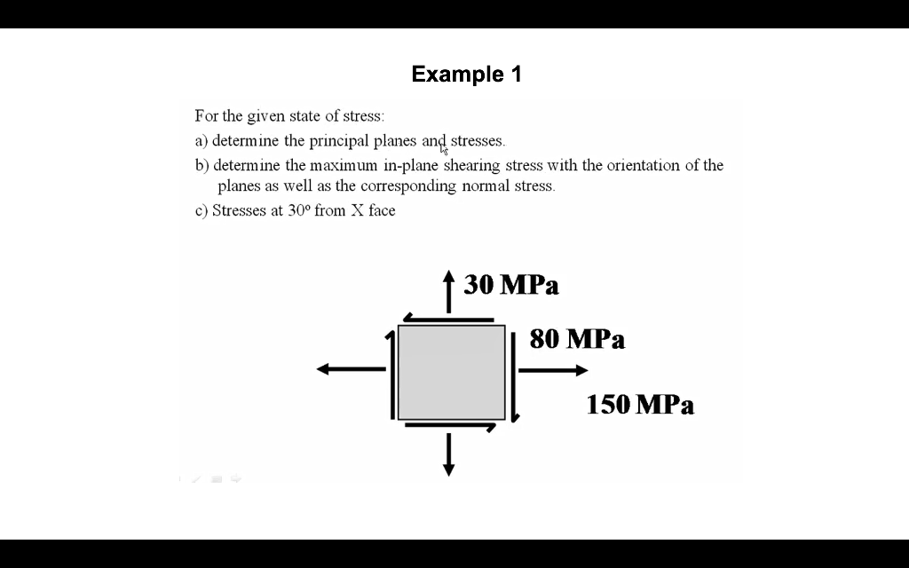 Example 1 For The Given State Of Stress A Determine The Principal Planes And Stresses B Determine The Maximum In Pla 1