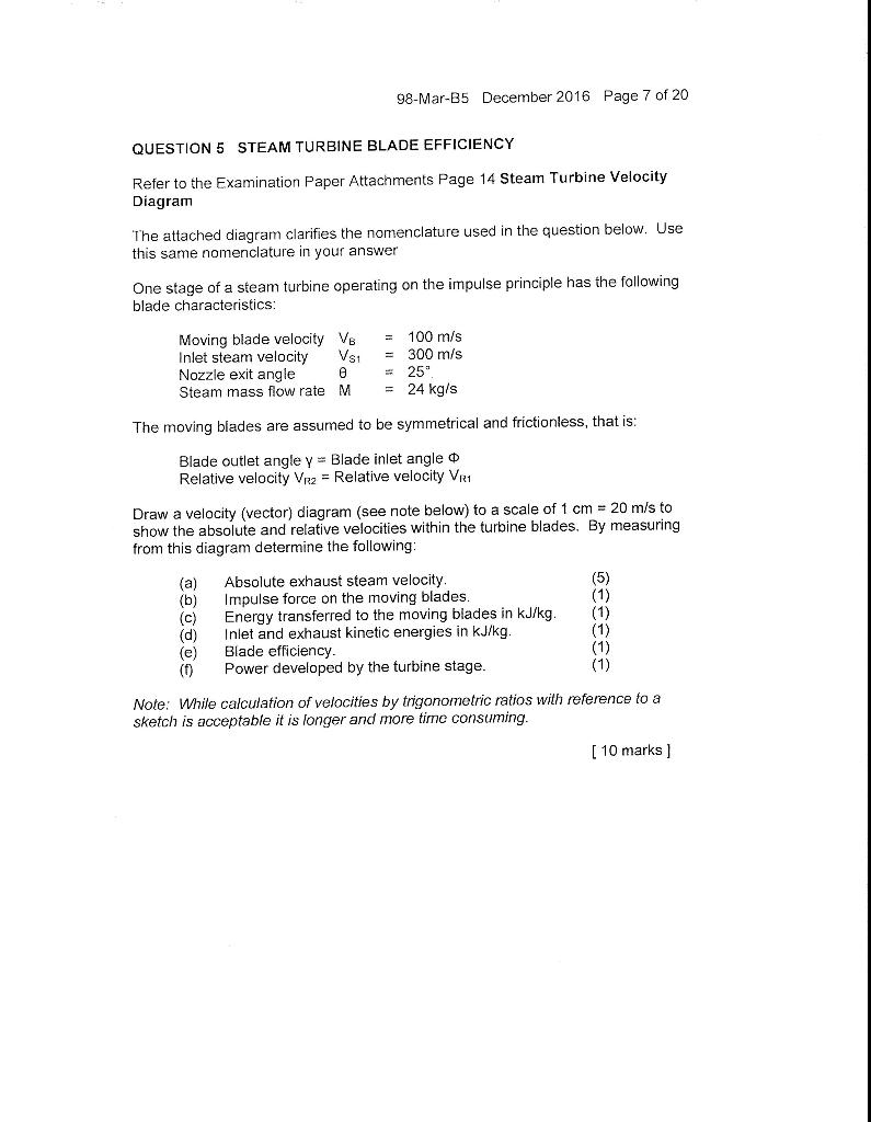 98 Mar B5 December 2016 Page 7 Of 20 Question 5 Steam Turbine Blade Efficiency Refer To The Examination Paper Attachment 1