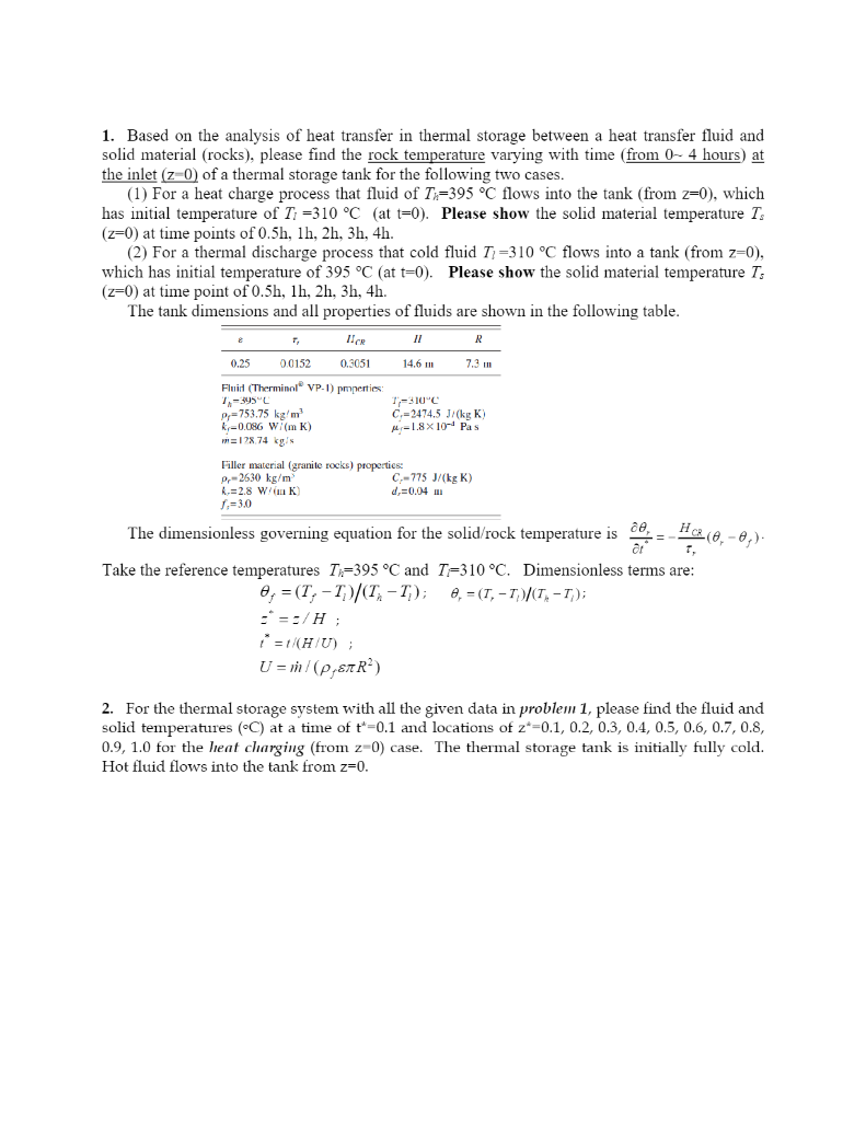 1 Based On The Analysis Of Heat Transfer In Thermal Storage Between A Heat Transfer Fluid And Solid Material Rocks P 1