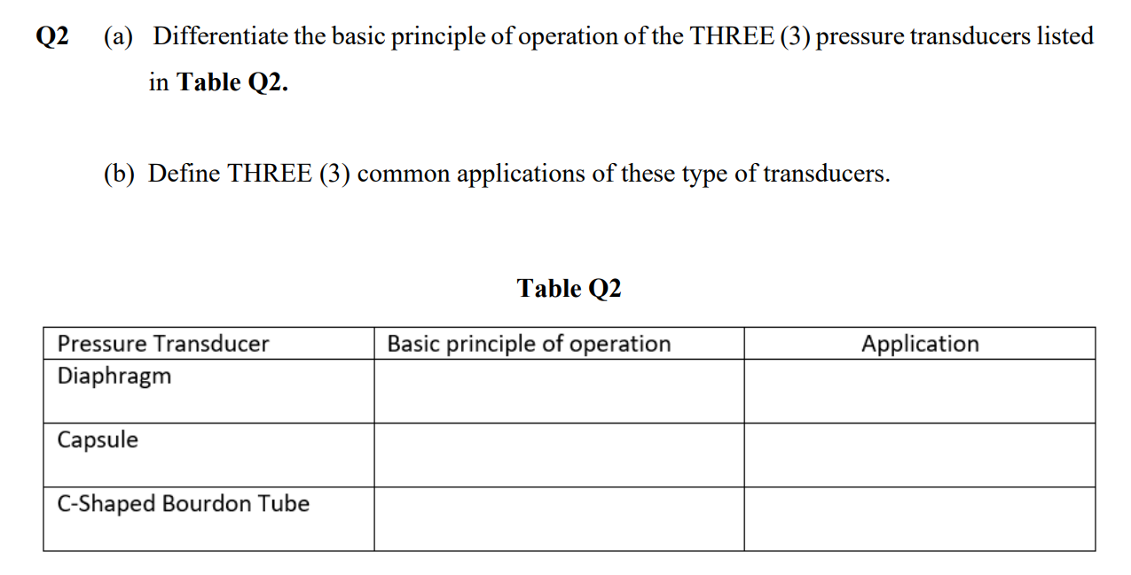 Q2 A Differentiate The Basic Principle Of Operation Of The Three 3 Pressure Transducers Listed In Table Q2 B Defi 1