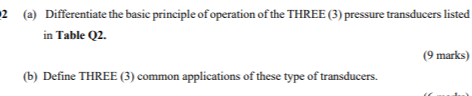 2 A Differentiate The Basic Principle Of Operation Of The Three 3 Pressure Transducers Listed In Table Q2 9 Marks 1