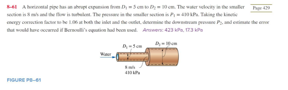 8 61 A Horizontal Pipe Has An Abrupt Expansion From Dj 5 Cm To D2 10 Cm The Water Velocity In The Smaller Page 429 1