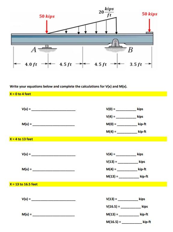 Kips 20 Ft 50 Kips 50 Kips O A B 4 0 Ft 4 5 Ft 4 5 Ft 3 5 Ft Write Your Equations Below And Complete The Calculations Fo 1