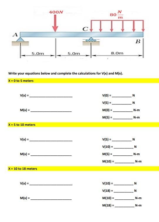 400n N 80 M B 5 Om 5 Om 8 Om Write Your Equations Below And Complete The Calculations For V X And M X X 0 To 5 Mete 1