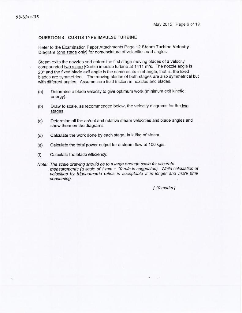 98 Mar B5 May 2015 Page 6 Of 19 Question 4 Curtis Type Impulse Turbine Refer To The Examination Paper Attachments Page 1 1
